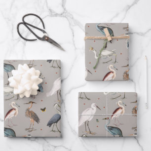 Watercolor Heron Bird Egret Nature Pattern Wrapping Paper Sheets