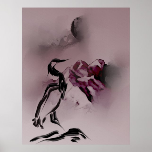 Watercolor Heron Bird Mountains painting Landscape Poster (Front)