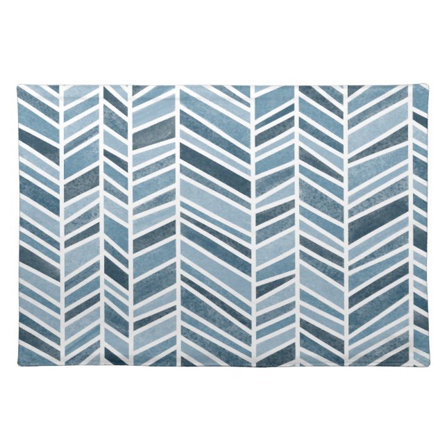 Watercolor Herringbone Chevron, Denim Blue Cloth Placemat (Front)