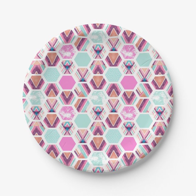 Watercolor Hexagon Pattern Paper Plates (Front)