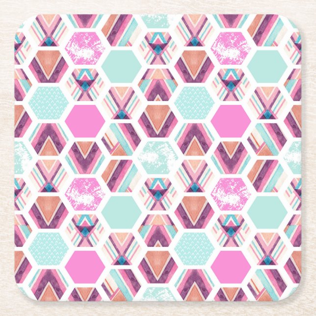 Watercolor Hexagon Pattern Square Paper Coaster (Front)