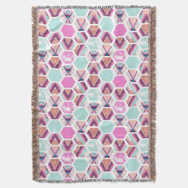 Watercolor Hexagon Pattern Throw Blanket (Front Vertical)