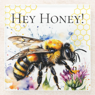 Watercolor Hey Honey Bee Glass Coaster