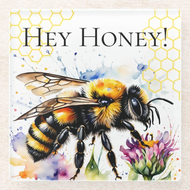 Watercolor Hey Honey Bee Glass Coaster (Front)