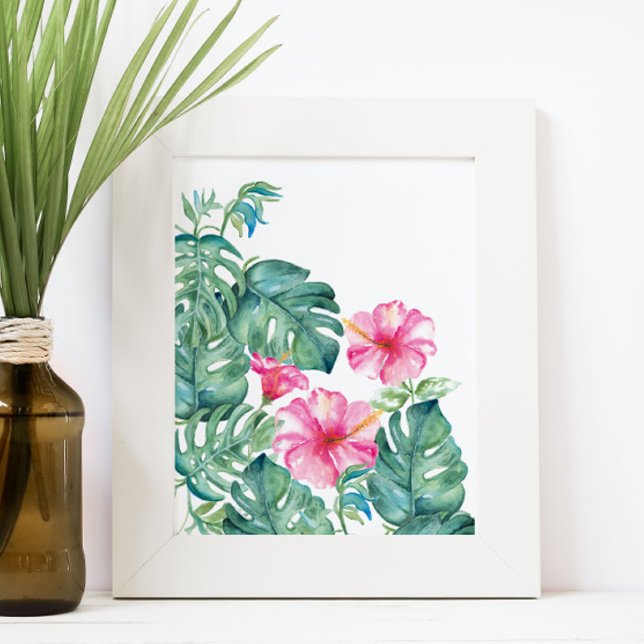 Watercolor Hibiscus and Monstera Leaves Poster (Hibiscus flower and monstera palm leaves watercolor print by Victoria Grigaliunas of Do Tell A Belle)