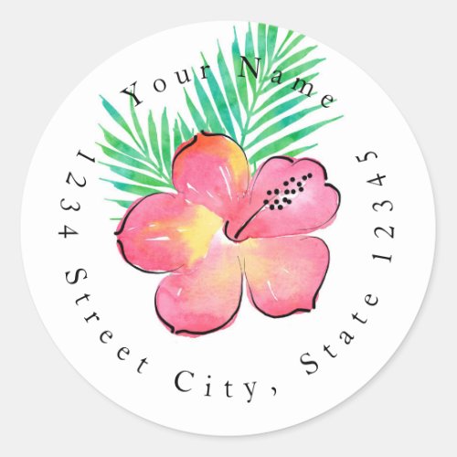 Watercolor Hibiscus and Palm Fronds Labels