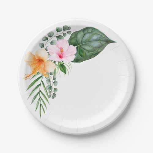 Watercolor Hibiscus and Tropical Foliage Paper Plates