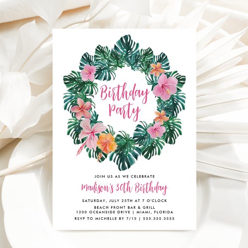 Watercolor Hibiscus and Tropical Leaves Birthday Invitation