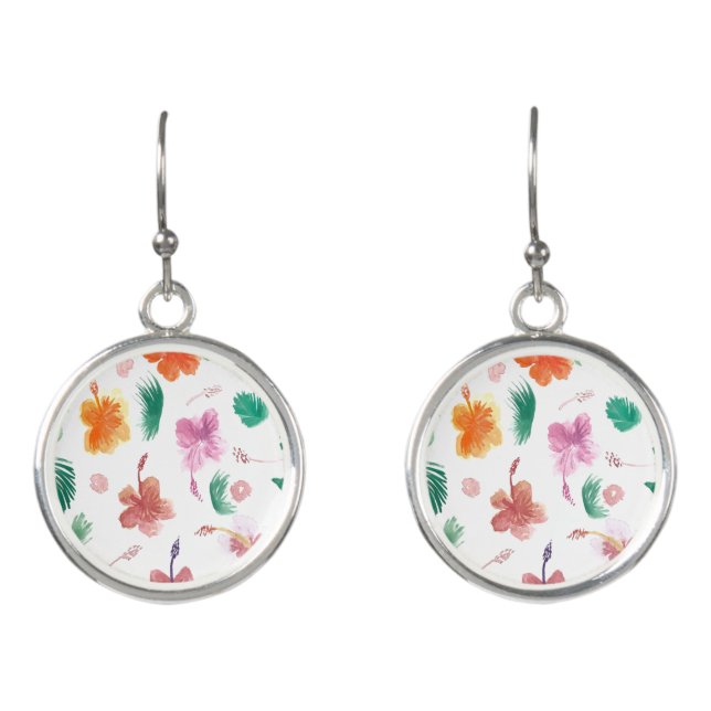 Watercolor Hibiscus Colorful Pink Yellow Greenery Earrings (Front)