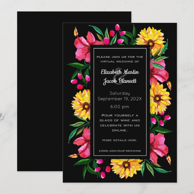 Watercolor Hibiscus & Dahlias Virtual Wedding Invitation (Front/Back)