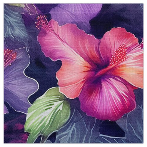 Watercolor Hibiscus Dark I Fabric