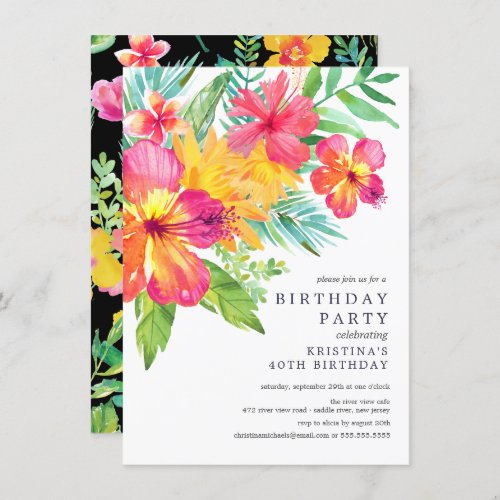 Watercolor Hibiscus Floral Tropical Birthday Party Invitation