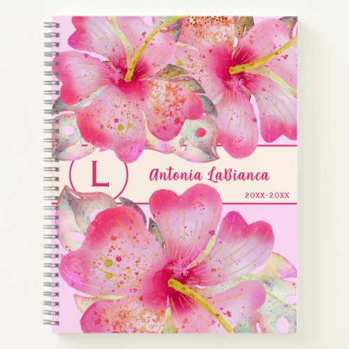 Watercolor Hibiscus Flower Monogram Notebook