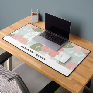 Watercolor Hibiscus Flower Pink Blue sage white Desk Mat