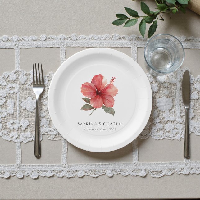 Watercolor Hibiscus Flower Tropical Aloha Wedding  Paper Plates (Watercolor Hibiscus Flower Tropical Aloha Wedding Paper Plates)