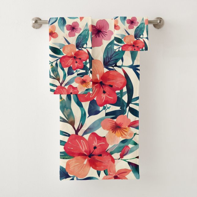 Watercolor hibiscus flowers bath towel set (Insitu)