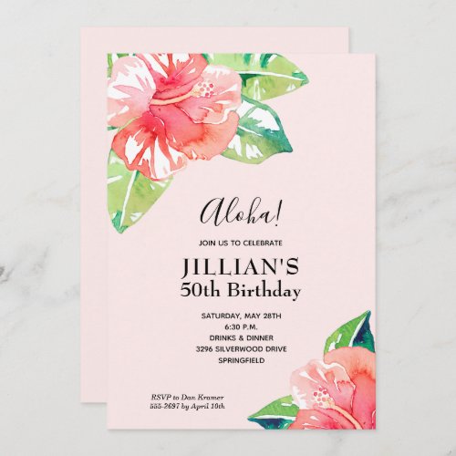 Watercolor Hibiscus Flowers Birthday Invitation