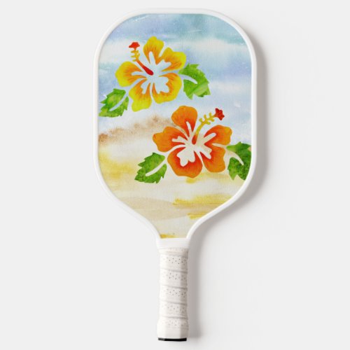 Watercolor Hibiscus Flowers Blue Sky Beach Sand Pickleball Paddle