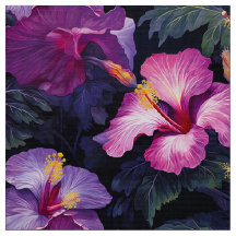Watercolor Hibiscus Flowers (Dark II) Fabric