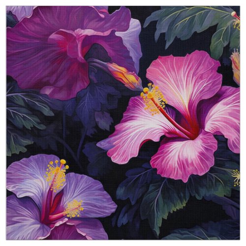 Watercolor Hibiscus Flowers Dark II Fabric