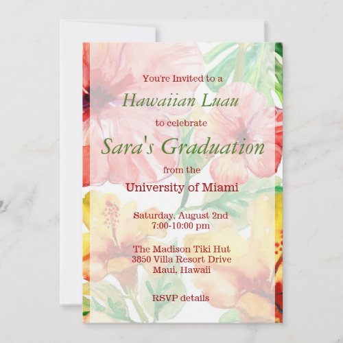 Watercolor Hibiscus Flowers Hawaiian Luau Sweet 16 Invitation