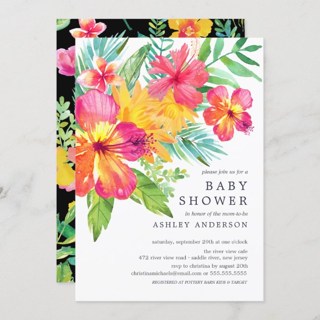 Watercolor Hibiscus Flowers Tropical Baby Shower Invitation (Front/Back)