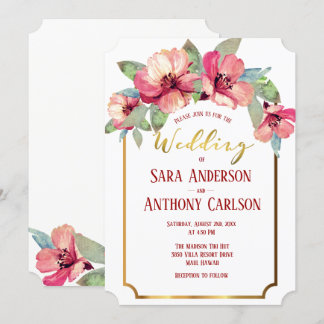 Watercolor Hibiscus Gold Foil Tropical Wedding Invitation