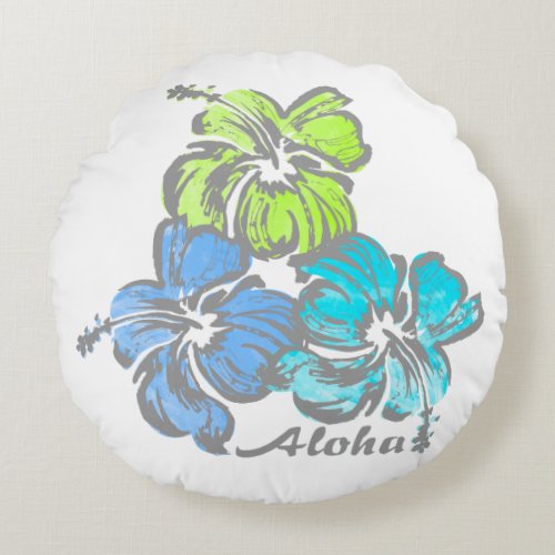 Watercolor Hibiscus Hawaiian Floral Reversible Round Pillow