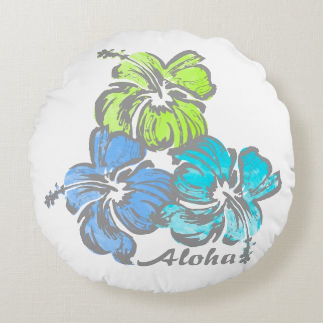 Watercolor Hibiscus Hawaiian Floral Reversible Round Pillow (Front)