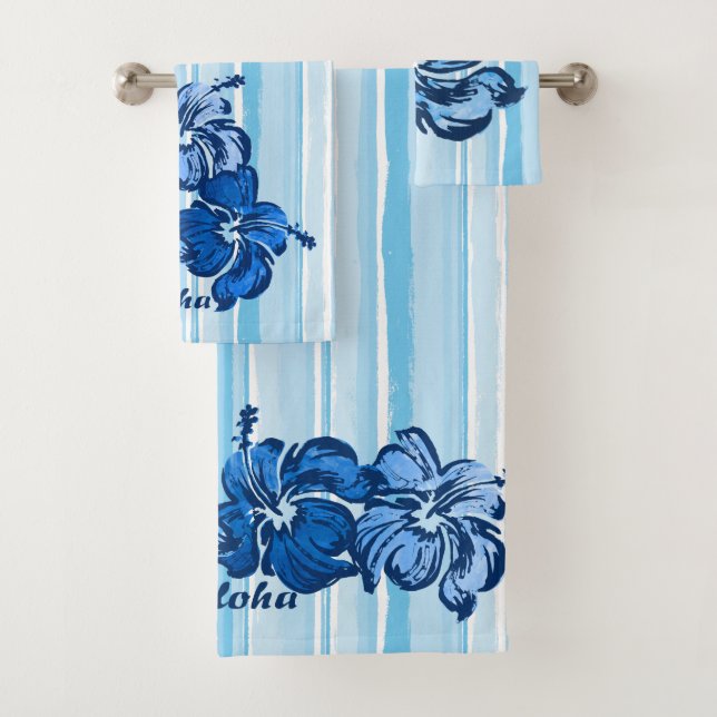 Watercolor Hibiscus Hawaiian Stripe - Blue Bath Towel Set (Insitu)