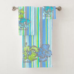 Watercolor Hibiscus Hawaiian Stripe -Turquoise Bath Towel Set