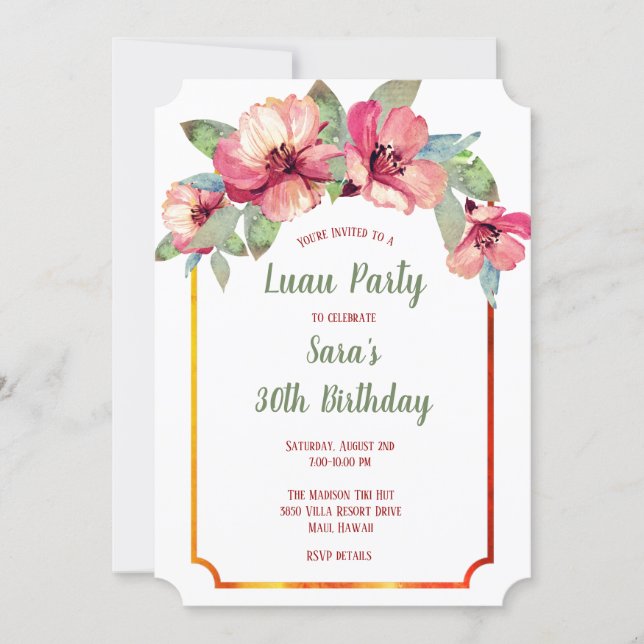 Watercolor Hibiscus Luau Adult's Birthday Party Invitation (Front)