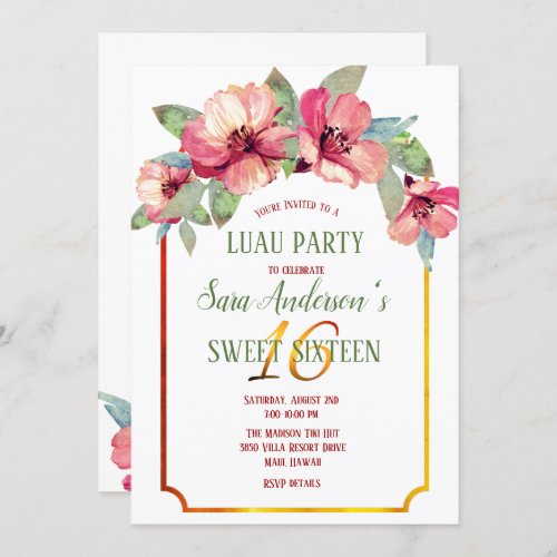 Watercolor Hibiscus Luau Party Sweet 16 Bday Invitation