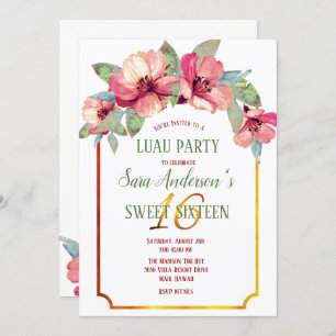 Watercolor Hibiscus Luau Party Sweet 16 B'day Invitation