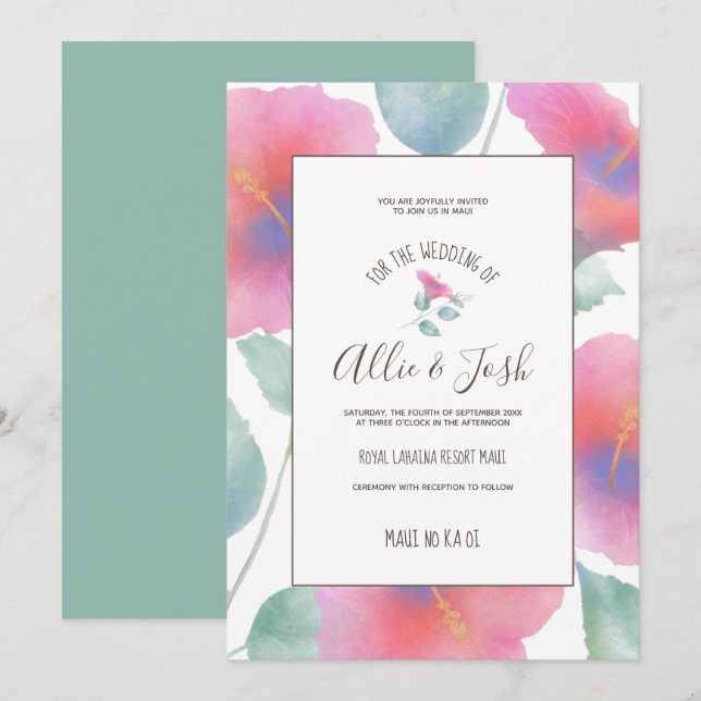 Watercolor Hibiscus Maui Wedding Invitation (Front/Back)