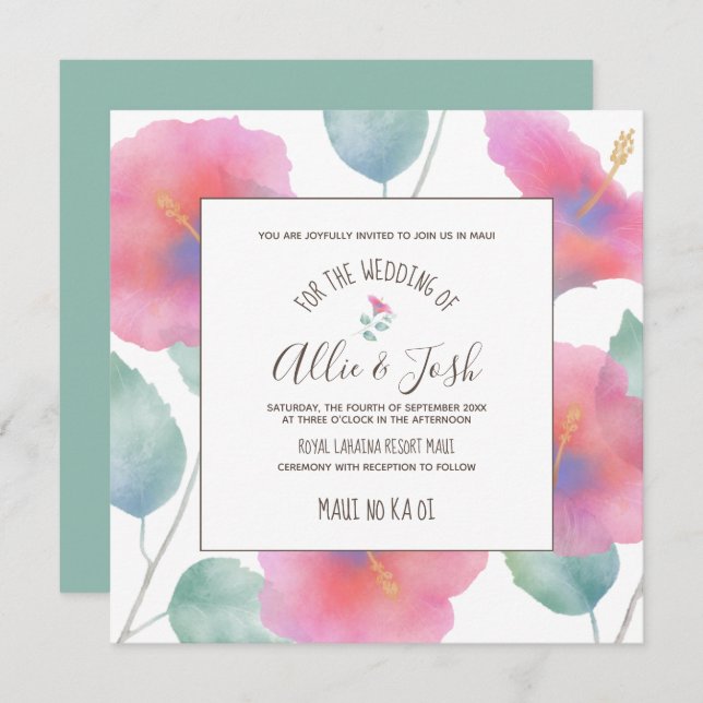 Watercolor Hibiscus Maui Wedding Square Invitation (Front/Back)
