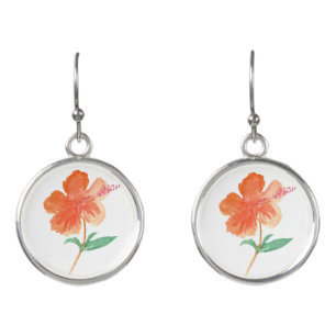 Watercolor Hibiscus Orange Floral Hand Painted Earrings