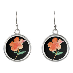 Watercolor Hibiscus Orange Floral Hand Painted Earrings
