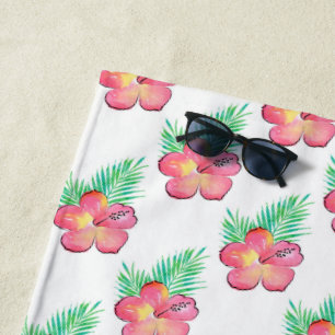 Watercolor Hibiscus Palm Fronds Pattern Beach Towel