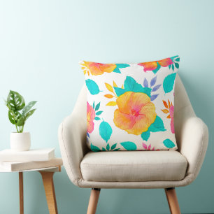 Watercolor Hibiscus Pattern - Tropical Floral Throw Pillow
