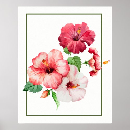 Watercolor Hibiscus Tropical Flowers Poster