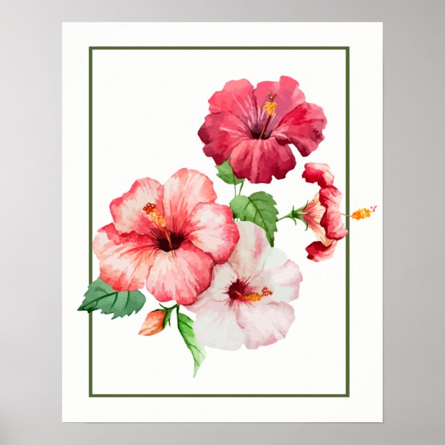 Watercolor Hibiscus Tropical Flowers Poster (Front)