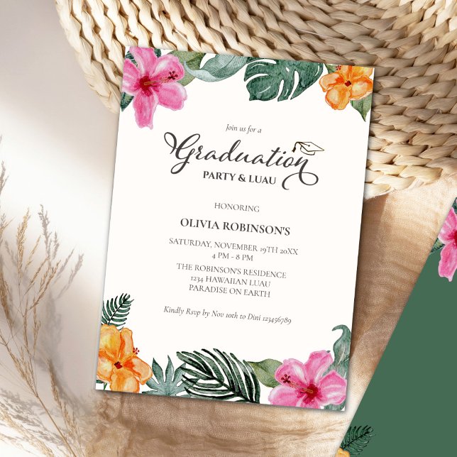 Watercolor Hibiscus Tropical Graduation Photo Invitation (Creator Uploaded)