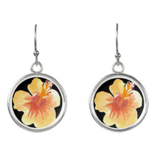 Watercolor Hibiscus Yellow Orange Tropical Floral Earrings
