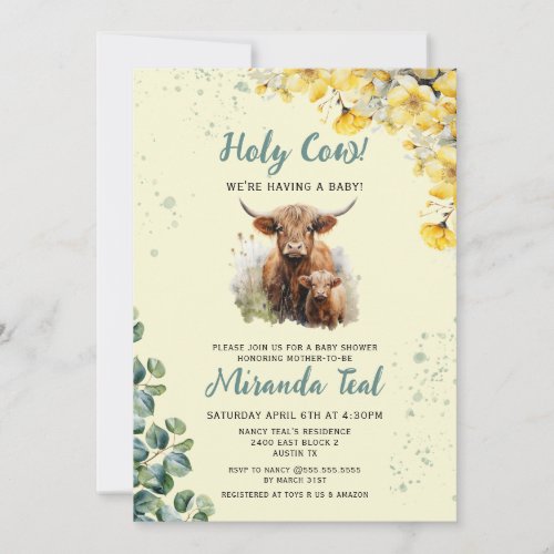 Watercolor Highland Cow Baby Shower Invitation