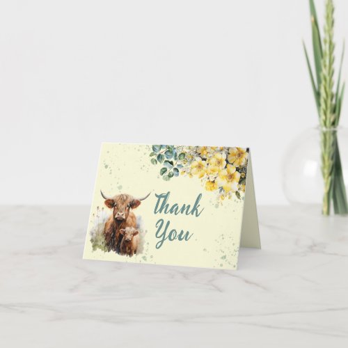 Watercolor Highland Cow Baby Shower Thank You Card