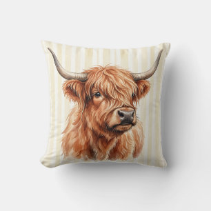 Watercolor Highland Cow Farm Pillow