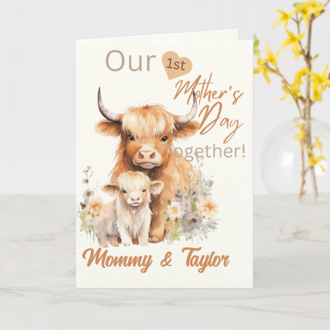 Watercolor  Highland cow First Mother's Day Card (Yellow Flower)