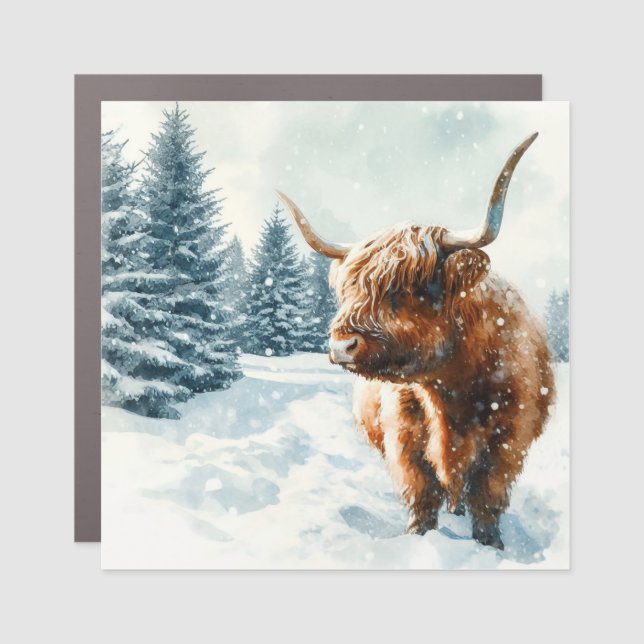 Watercolor Highland Cow Winter Scene Car Magnet (Front)