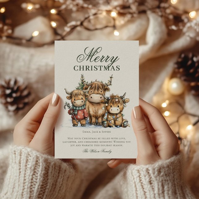 Watercolor Highland Cows Rustic Christmas Holiday Card (Creator Uploaded)